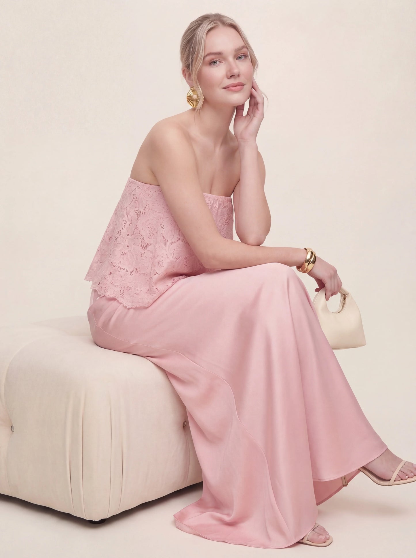 Lace Patchwork Satin Bandeau Maxi Dress
