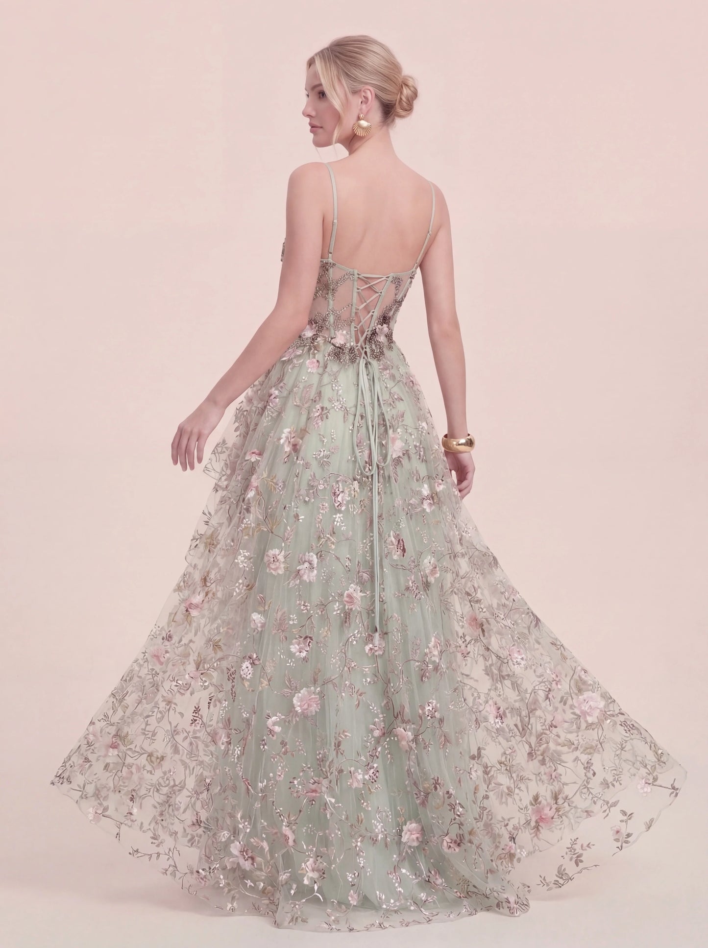 3D Floral Appliqués Strapless Evening Gown