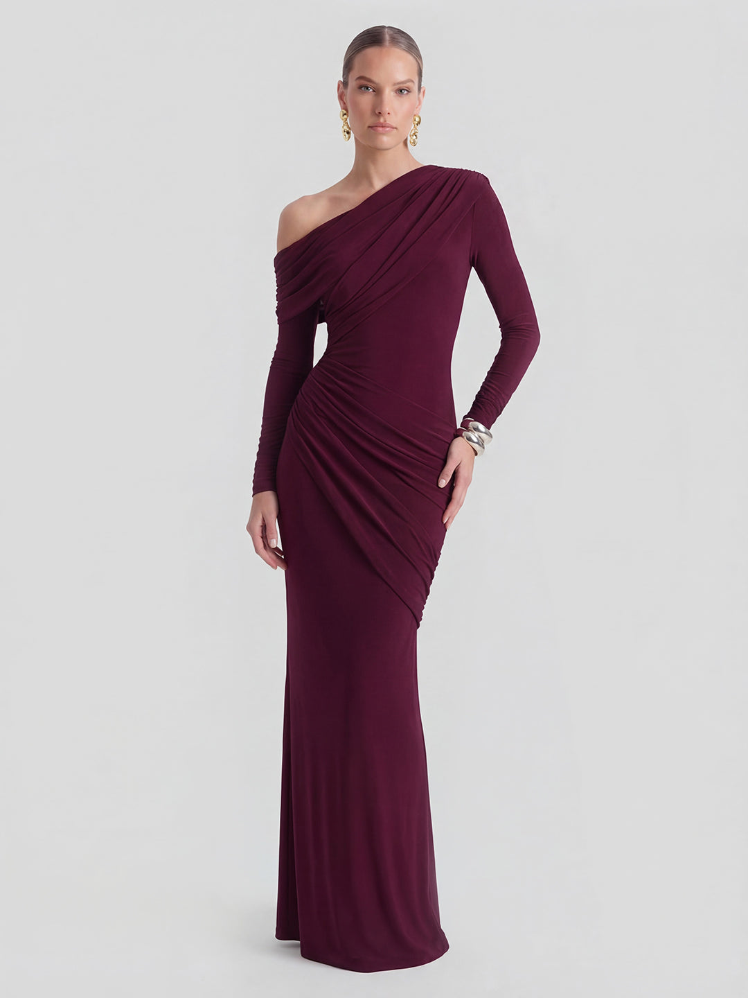 Asymmetric-Neck Maxi Dress With Ruched Detailing