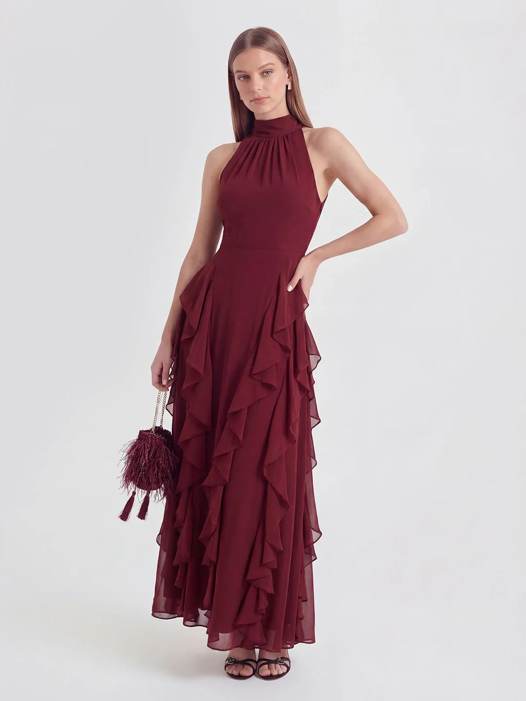 Cascade-Ruffle Halter Gown with Tie-Bow Detail