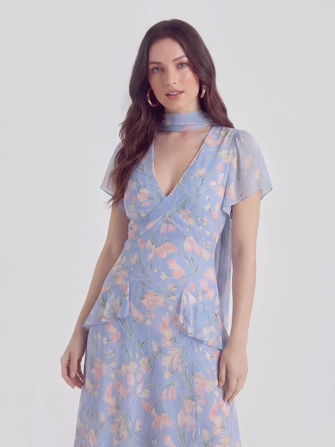 Floral Pearl Chiffon V-Neck Maxi Dress