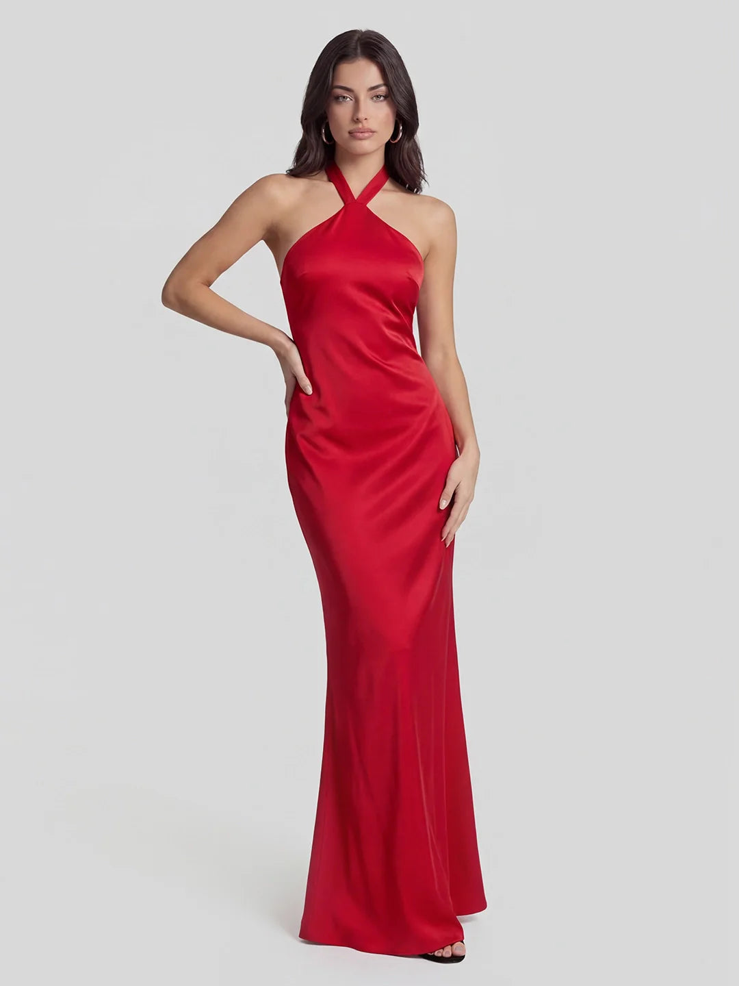 Low Cross Back Halter Maxi Dress with Floral Brooch