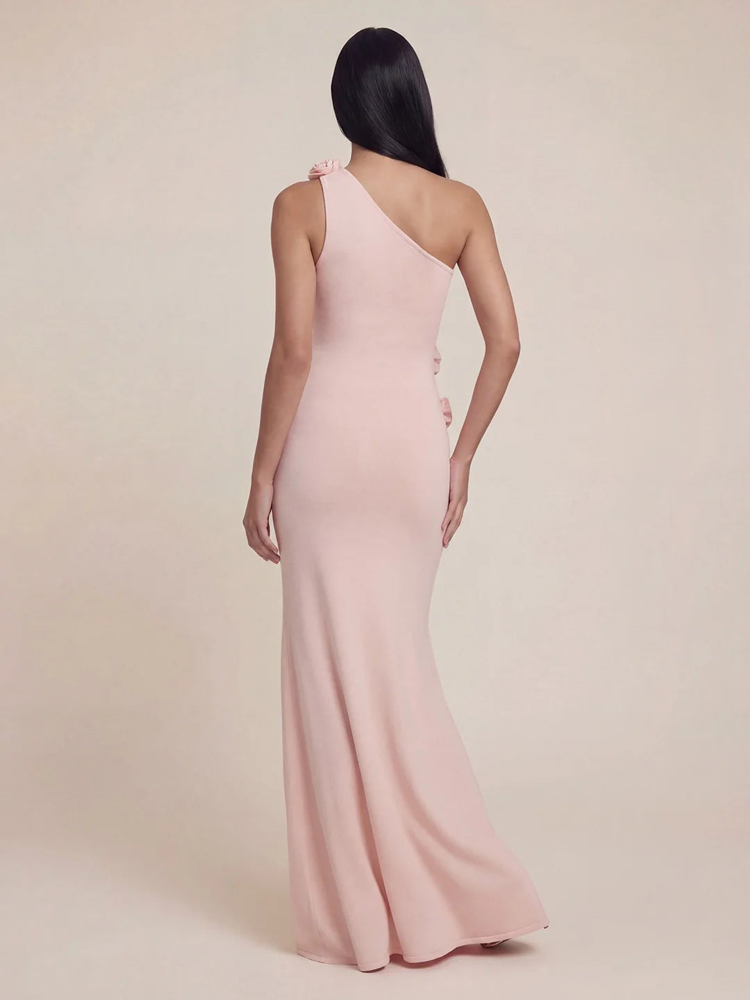 One Shoulder 3D Flower Applique Knit Maxi Dress