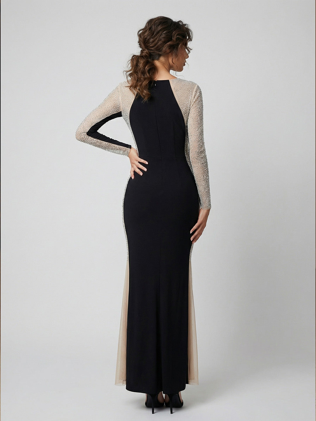 Evenings Women's Crystal Contrast Long Sleeve Dress