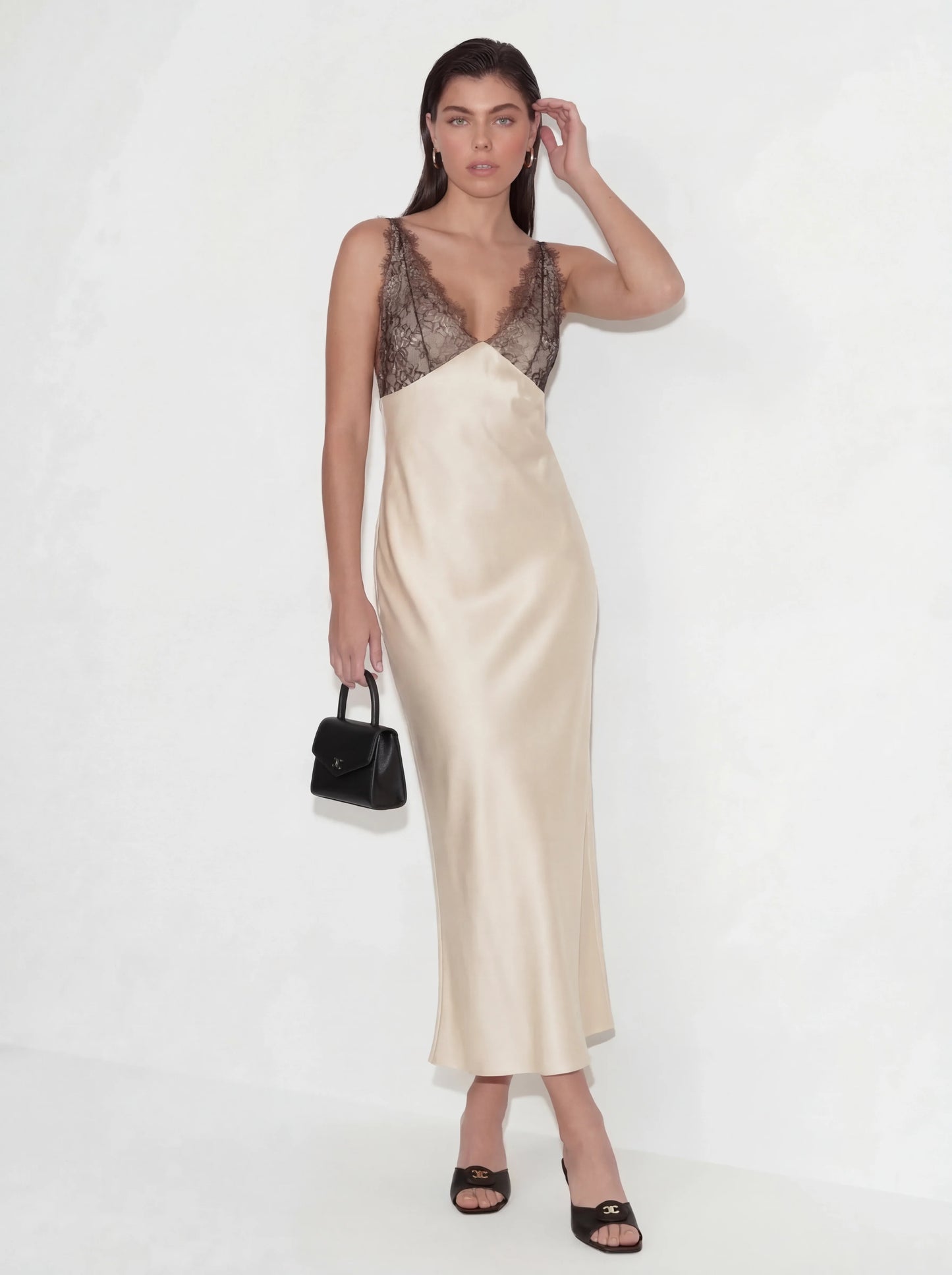 Elegant Lace-Paneled Satin Midi Dress