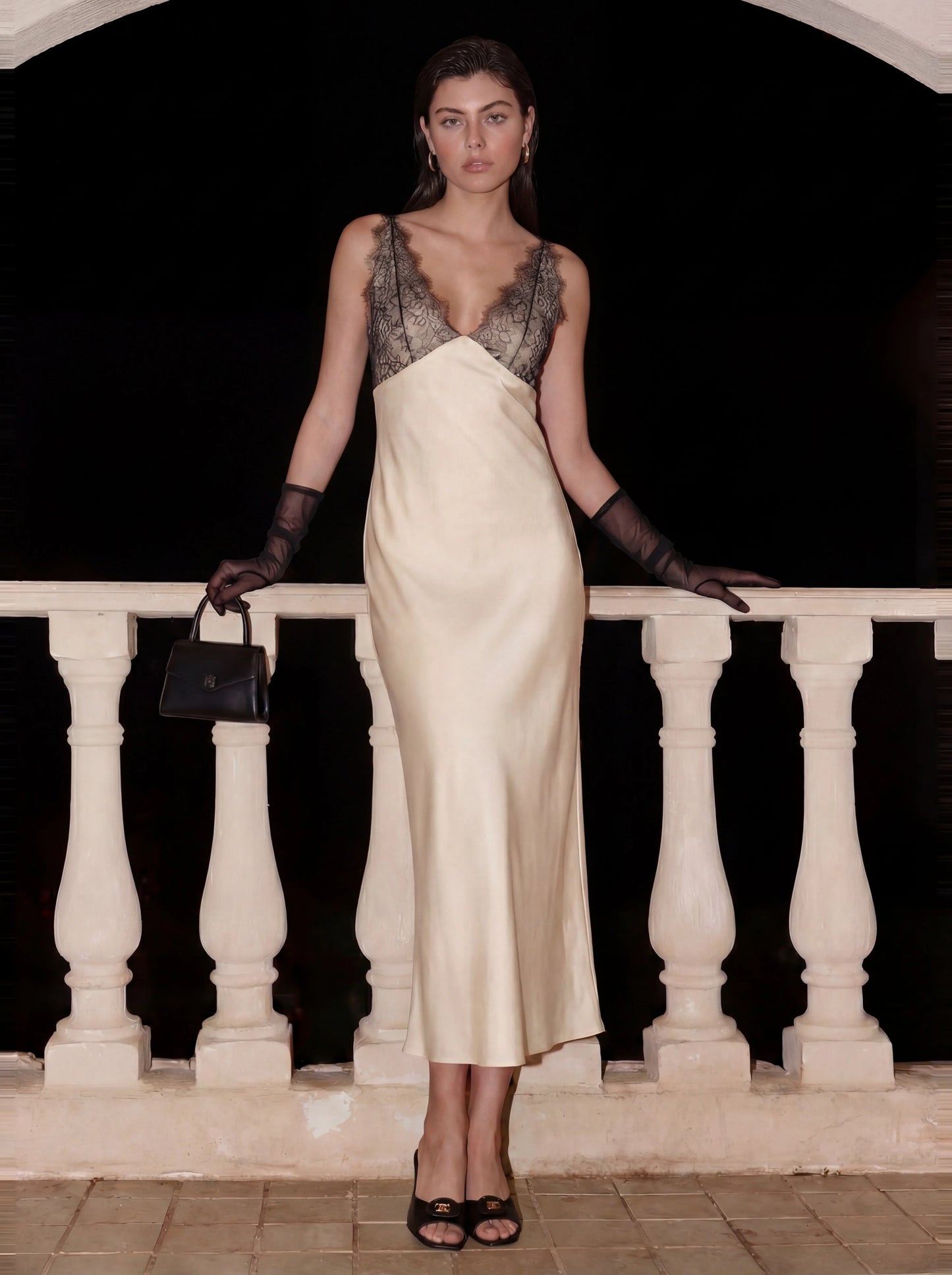 Elegant Lace-Paneled Satin Midi Dress