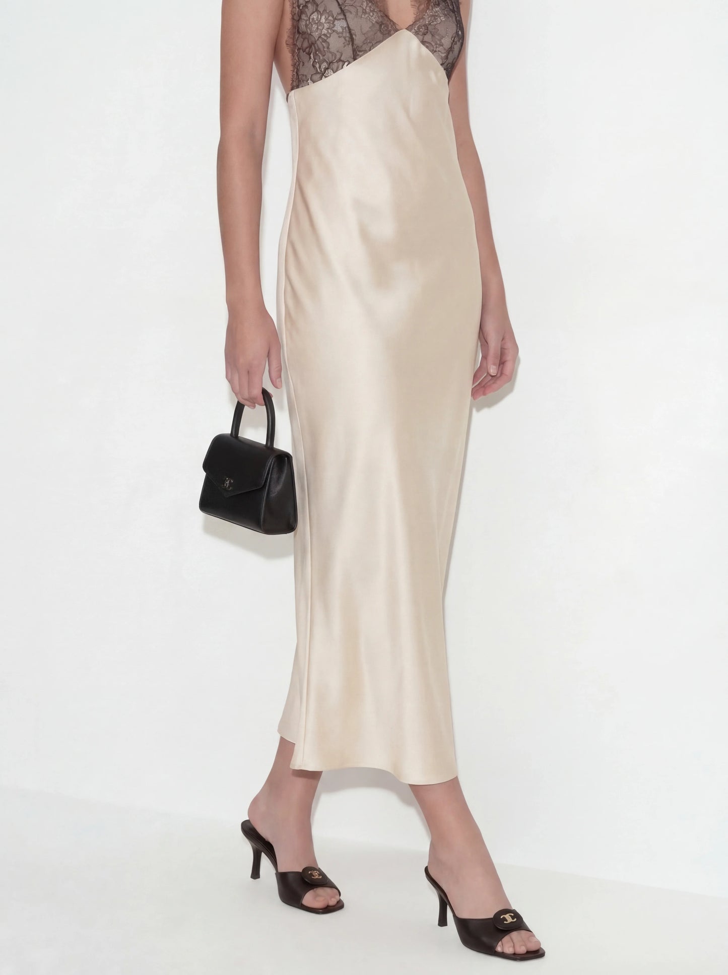 Elegant Lace-Paneled Satin Midi Dress