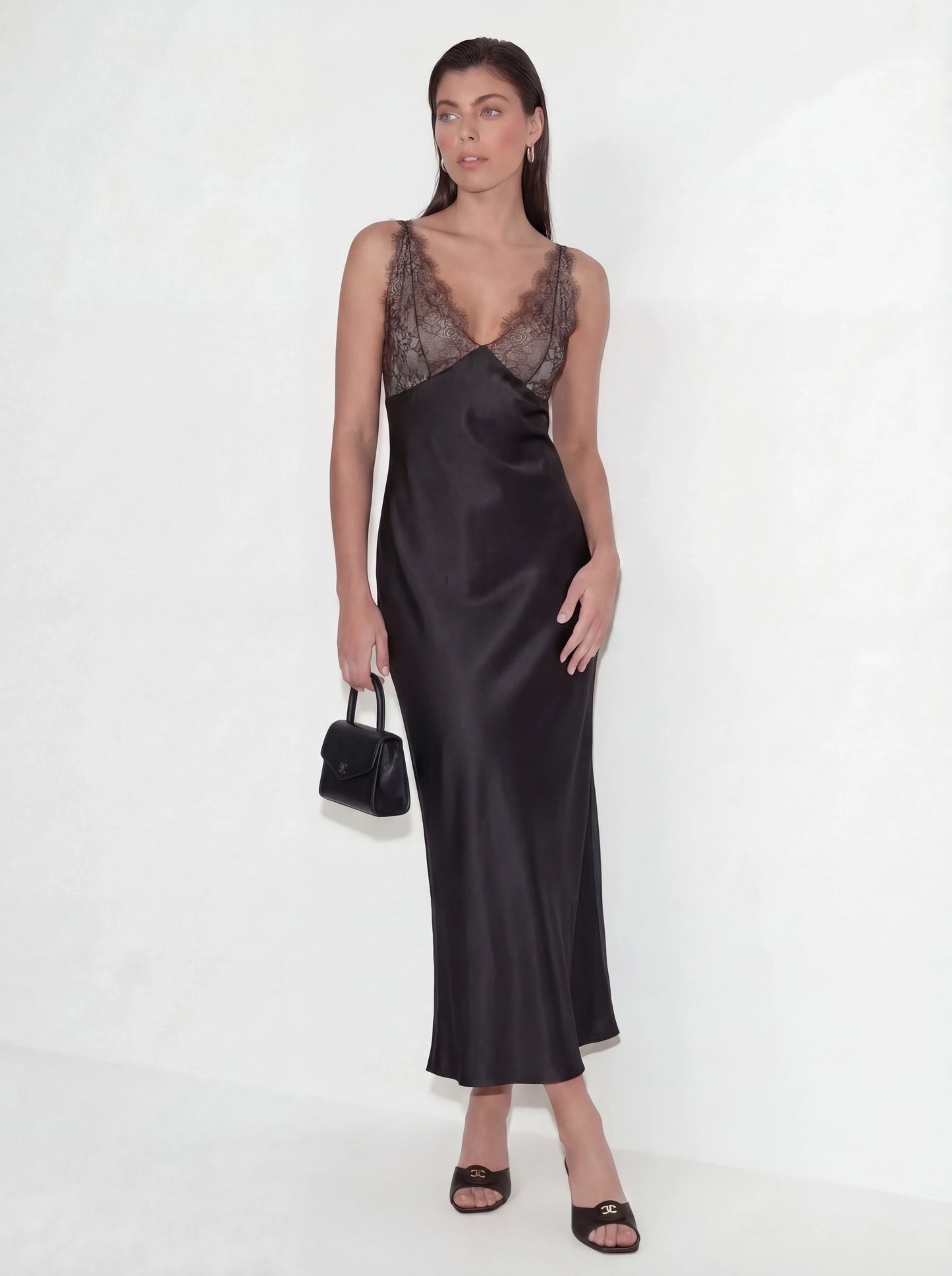 Elegant Lace-Paneled Satin Midi Dress
