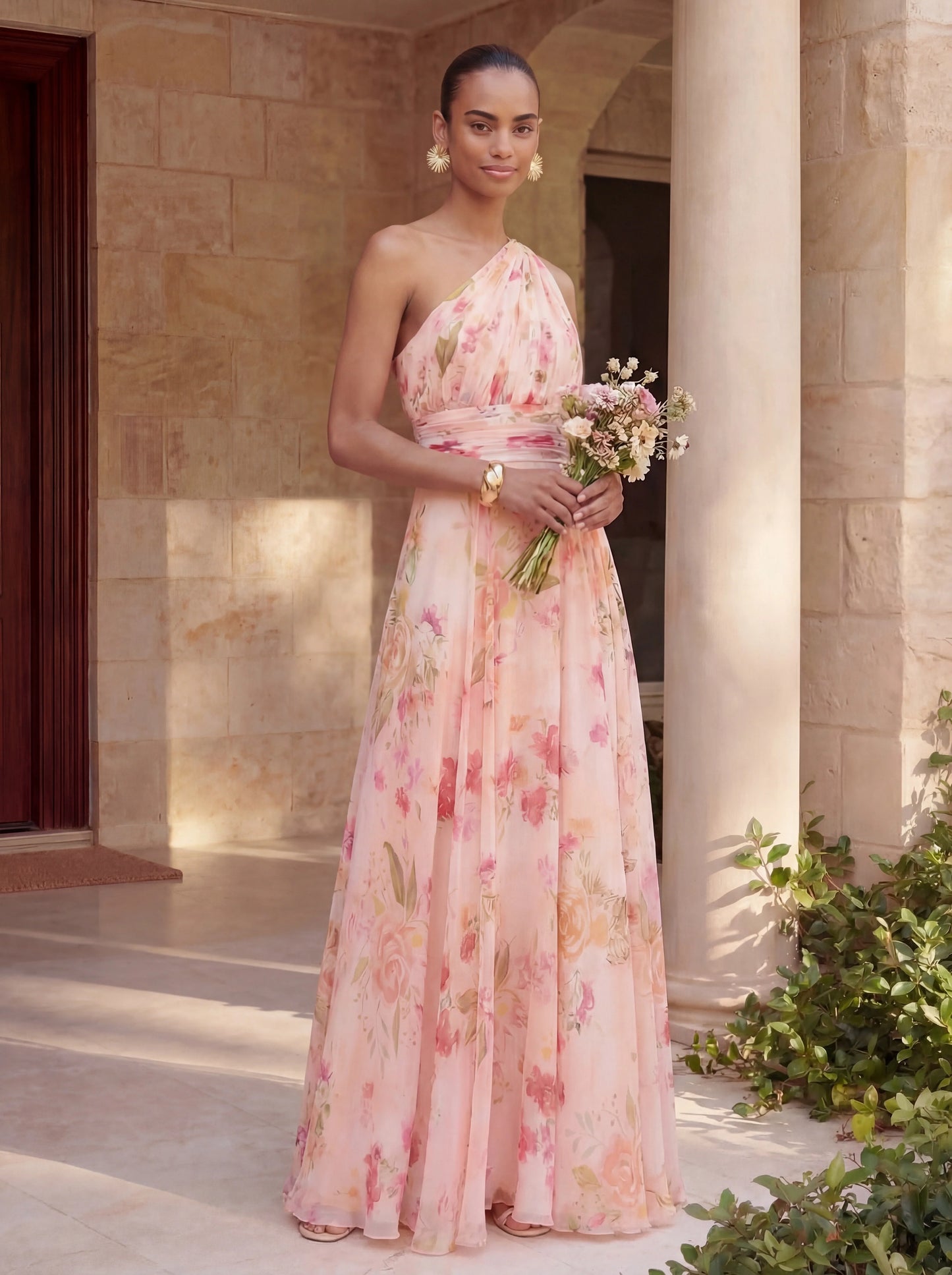 Bouquet Floral A-Line One Shoulder Chiffon Dress