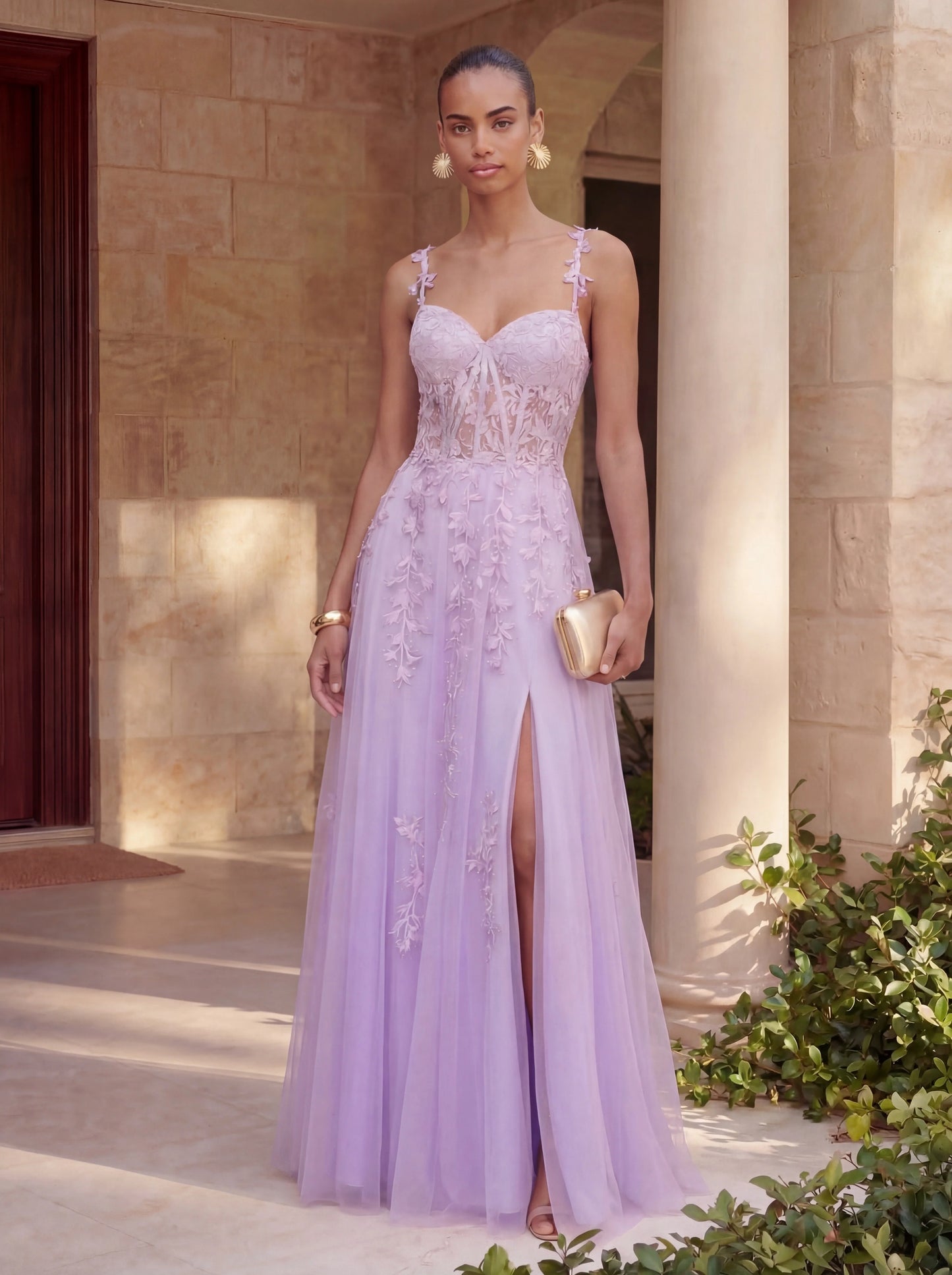 Leaf Strap Lace Embroidered A-Line Prom Gown