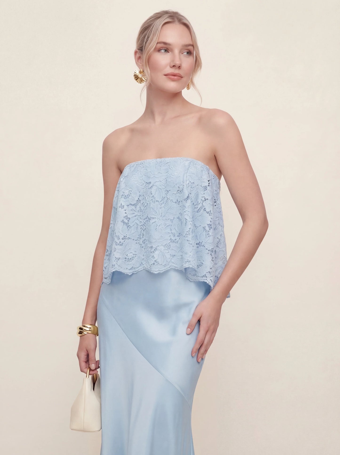 Lace Patchwork Satin Bandeau Maxi Dress
