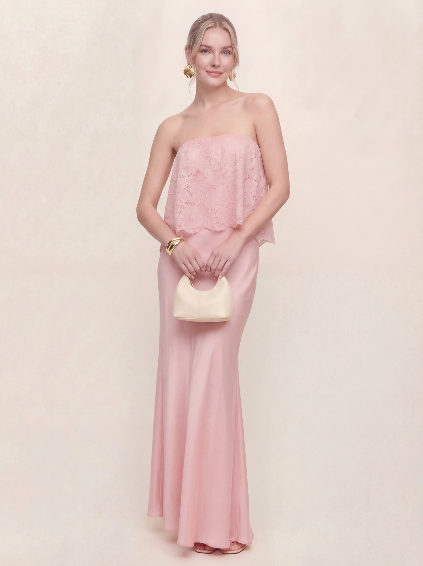 Lace Patchwork Satin Bandeau Maxi Dress