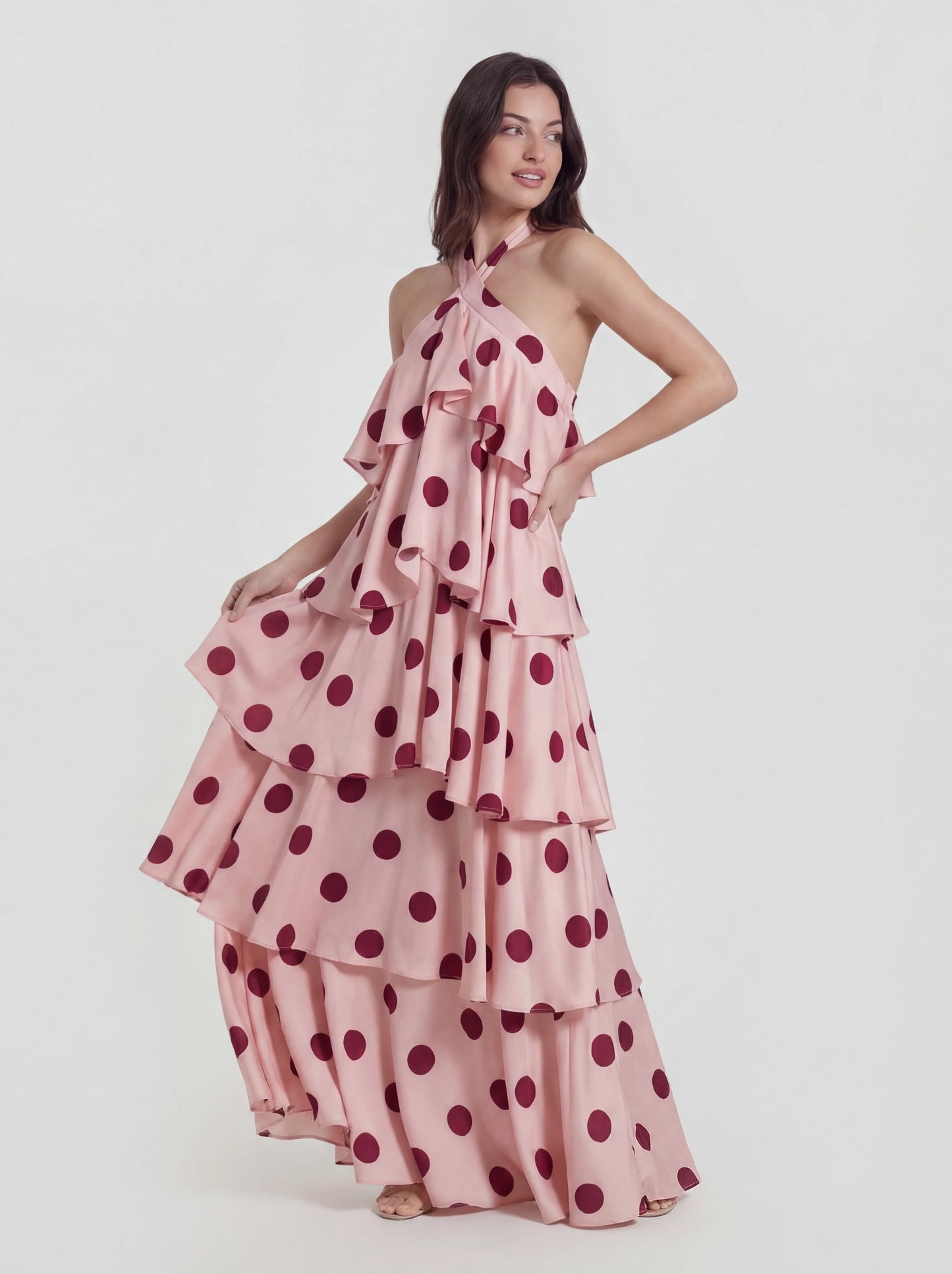 Tiered Ruffle Polka Dot Stain Gown