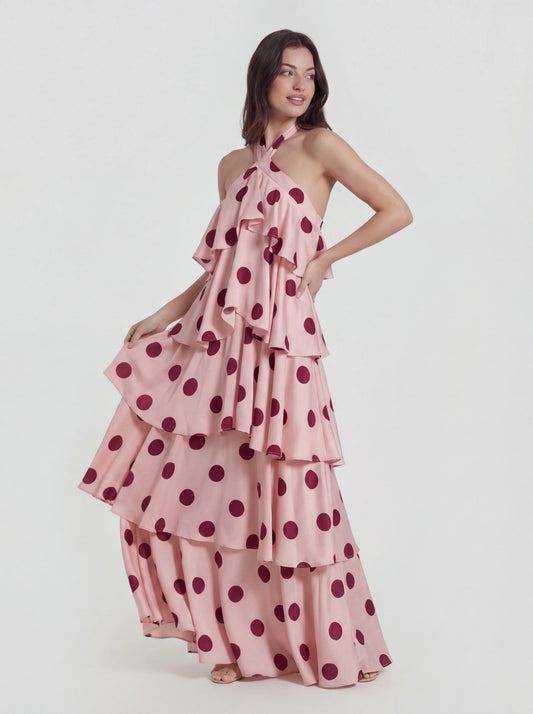 Tiered Ruffle Polka Dot Stain Gown