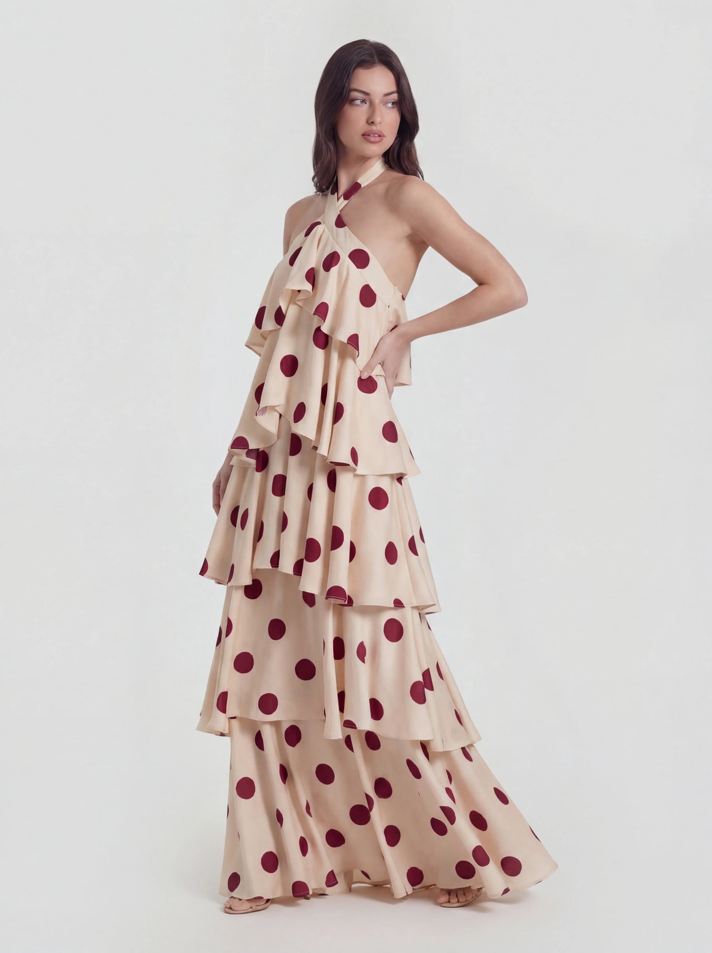 Tiered Ruffle Polka Dot Stain Gown