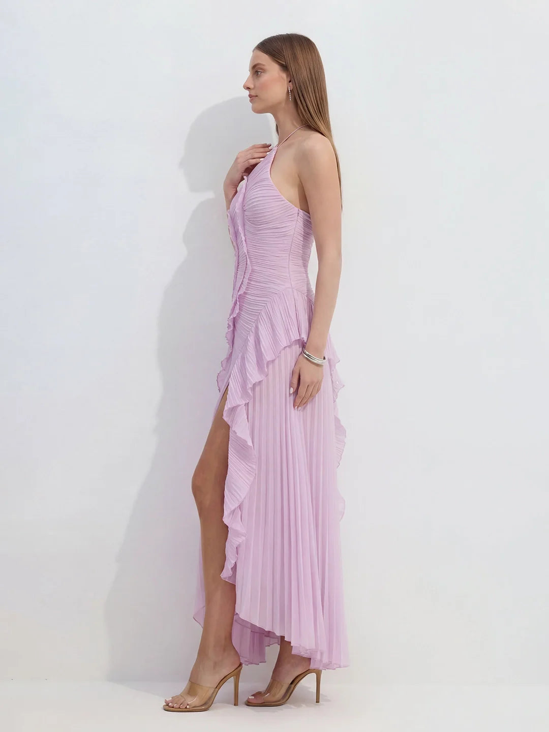 Asymmetry Pleated Halterneck Midi Dress