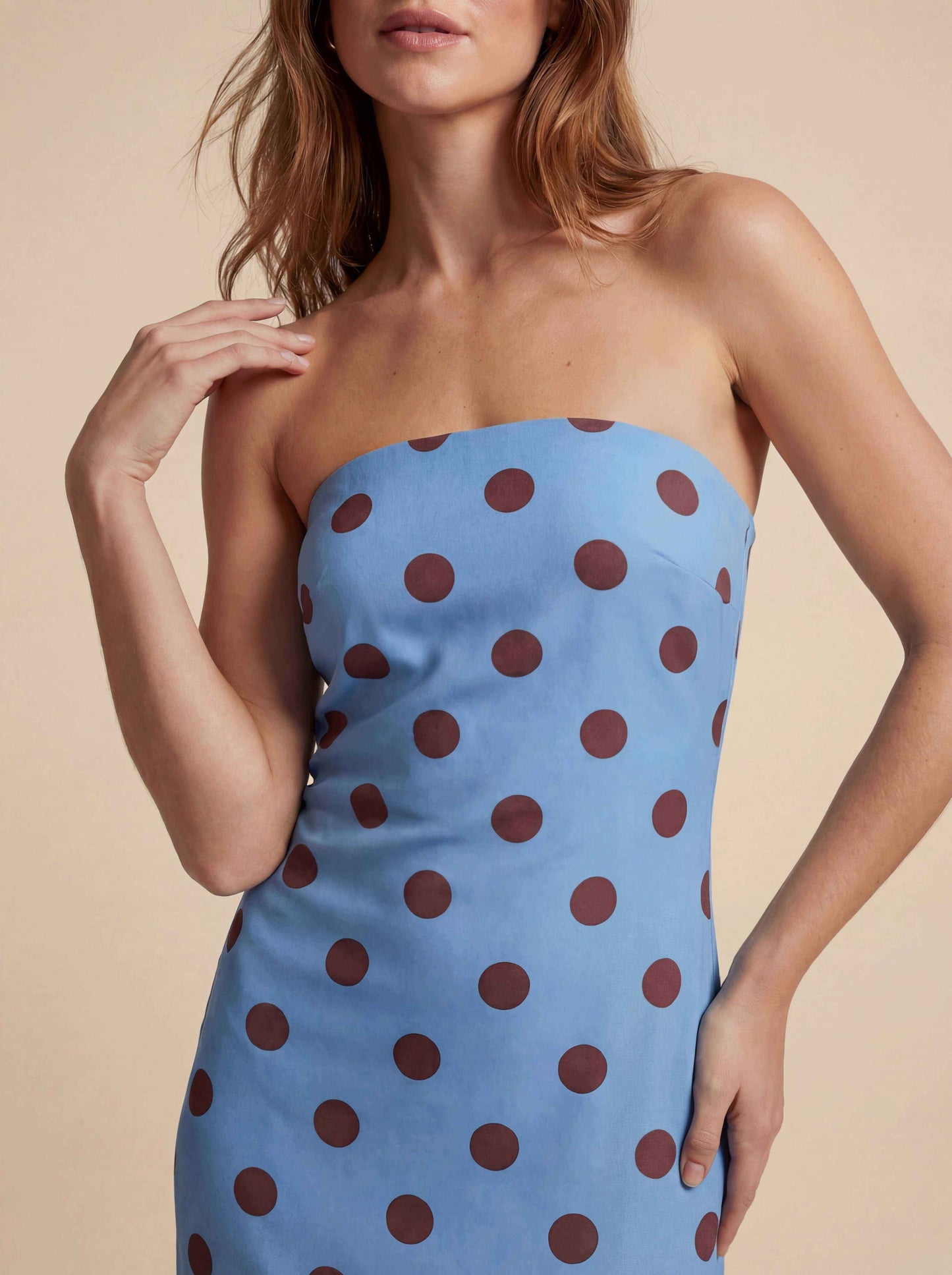 Strapless chiffon polka dot dress