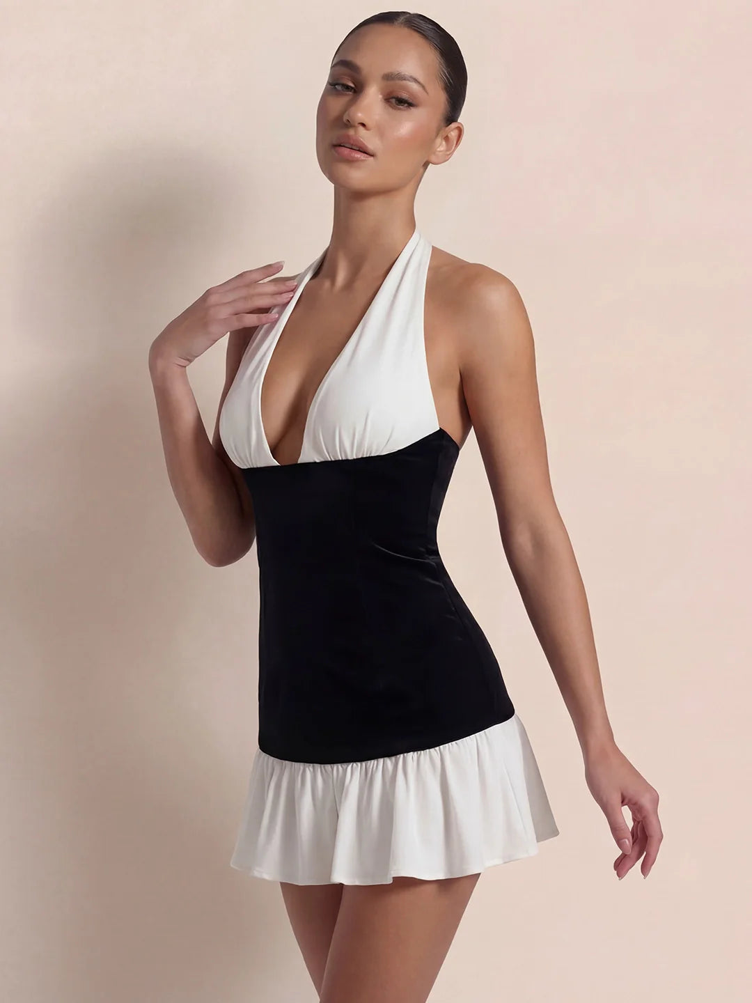 Asymmetric Ruffle Hem Two Tone Velvet Mini Dress