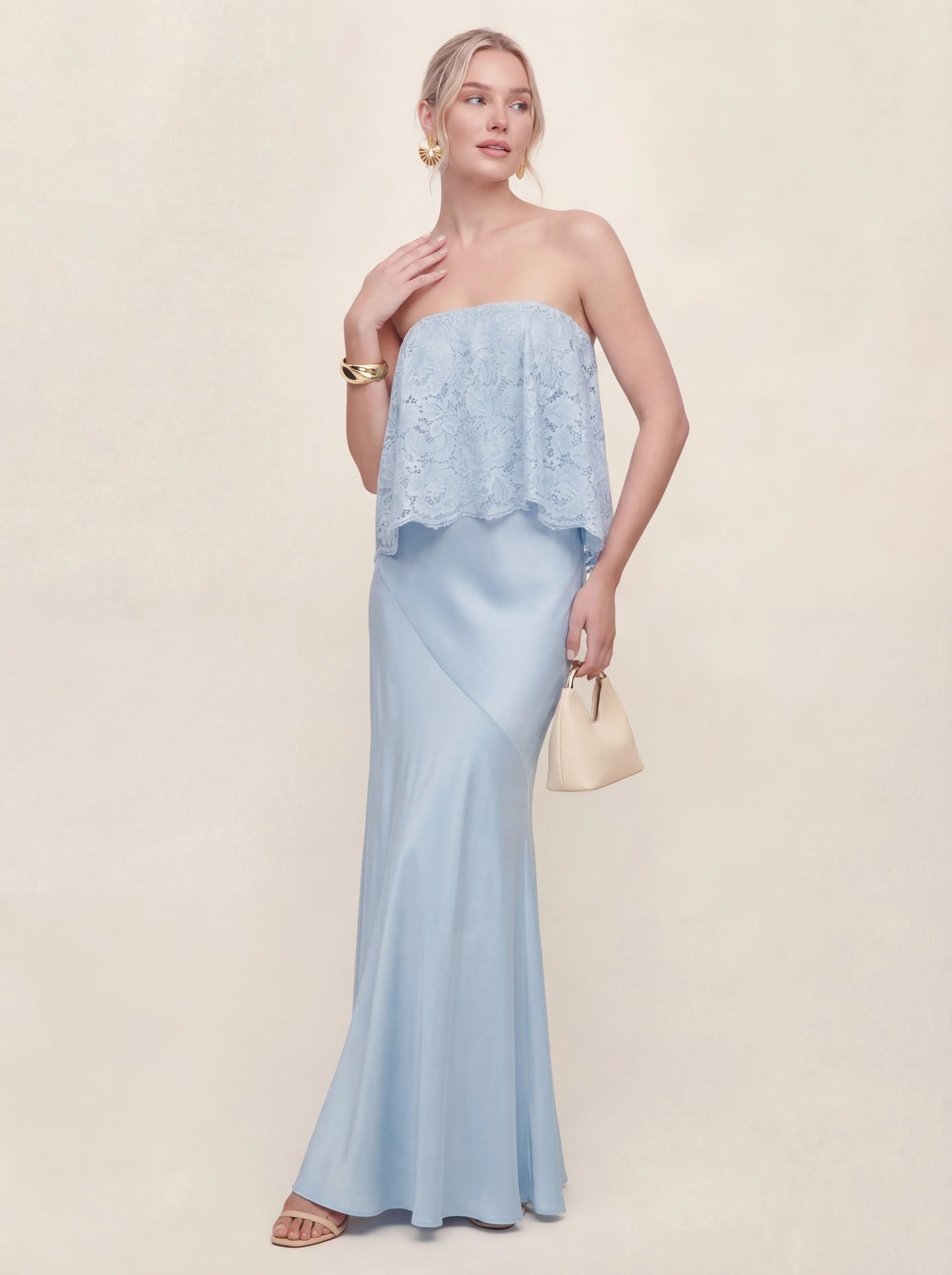 Lace Patchwork Satin Bandeau Maxi Dress