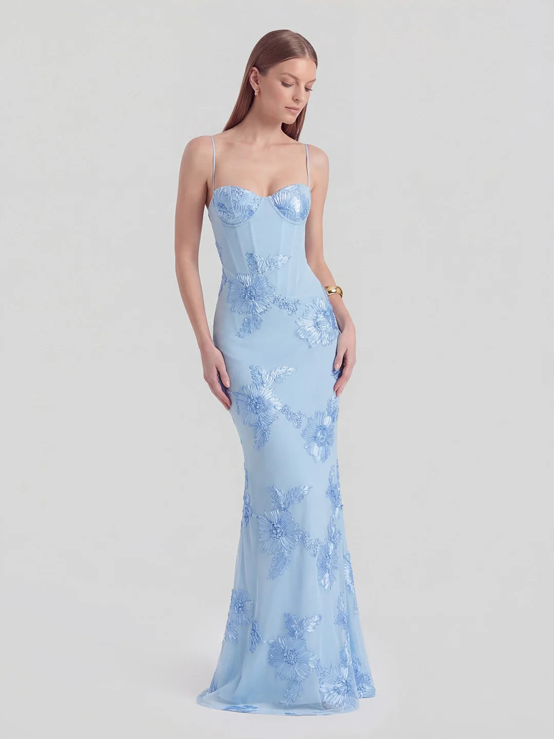 3D Floral-Embellished Corset Gown