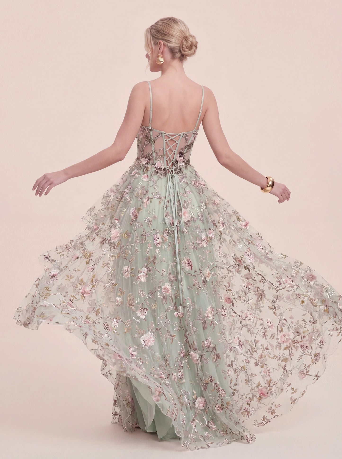 3D Floral Appliqués Strapless Evening Gown