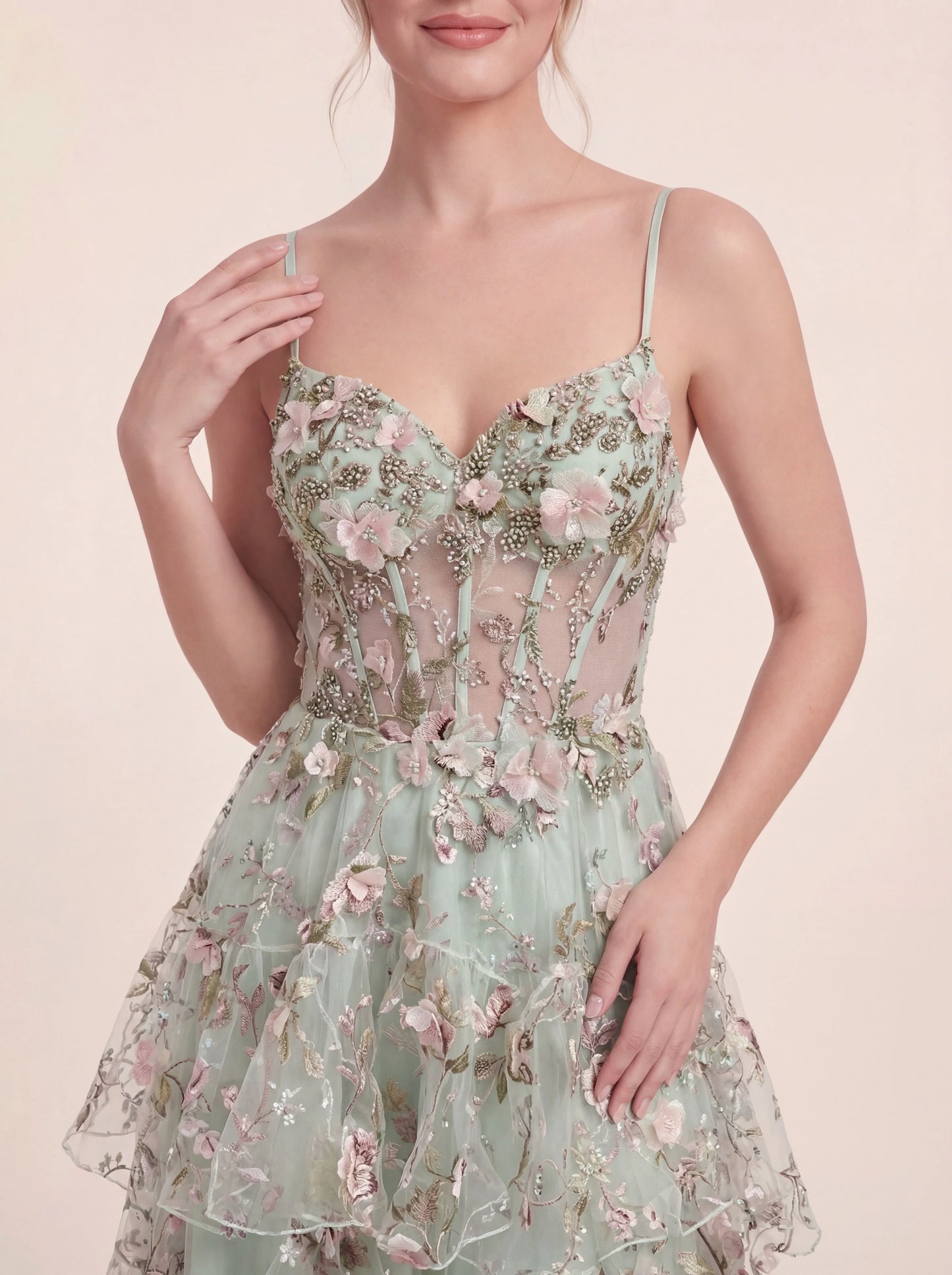 3D Floral Appliqués Strapless Evening Gown