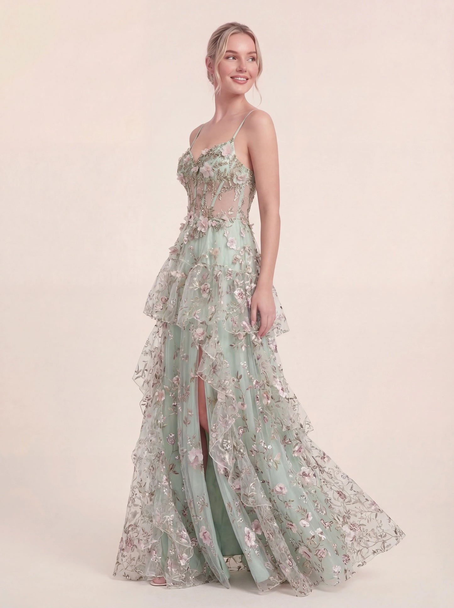 3D Floral Appliqués Strapless Evening Gown