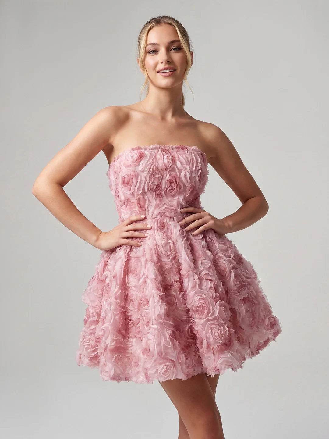 3D Rose Appliqué Strapless Mini Dress