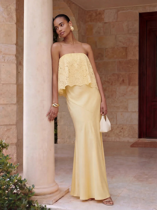 Lace Patchwork Satin Bandeau Maxi Dress