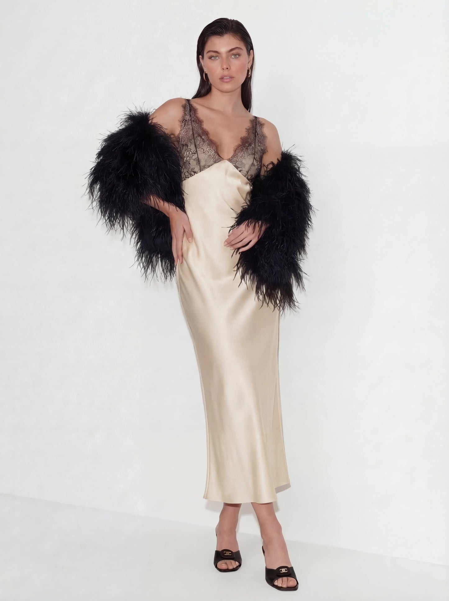 Elegant Lace-Paneled Satin Midi Dress