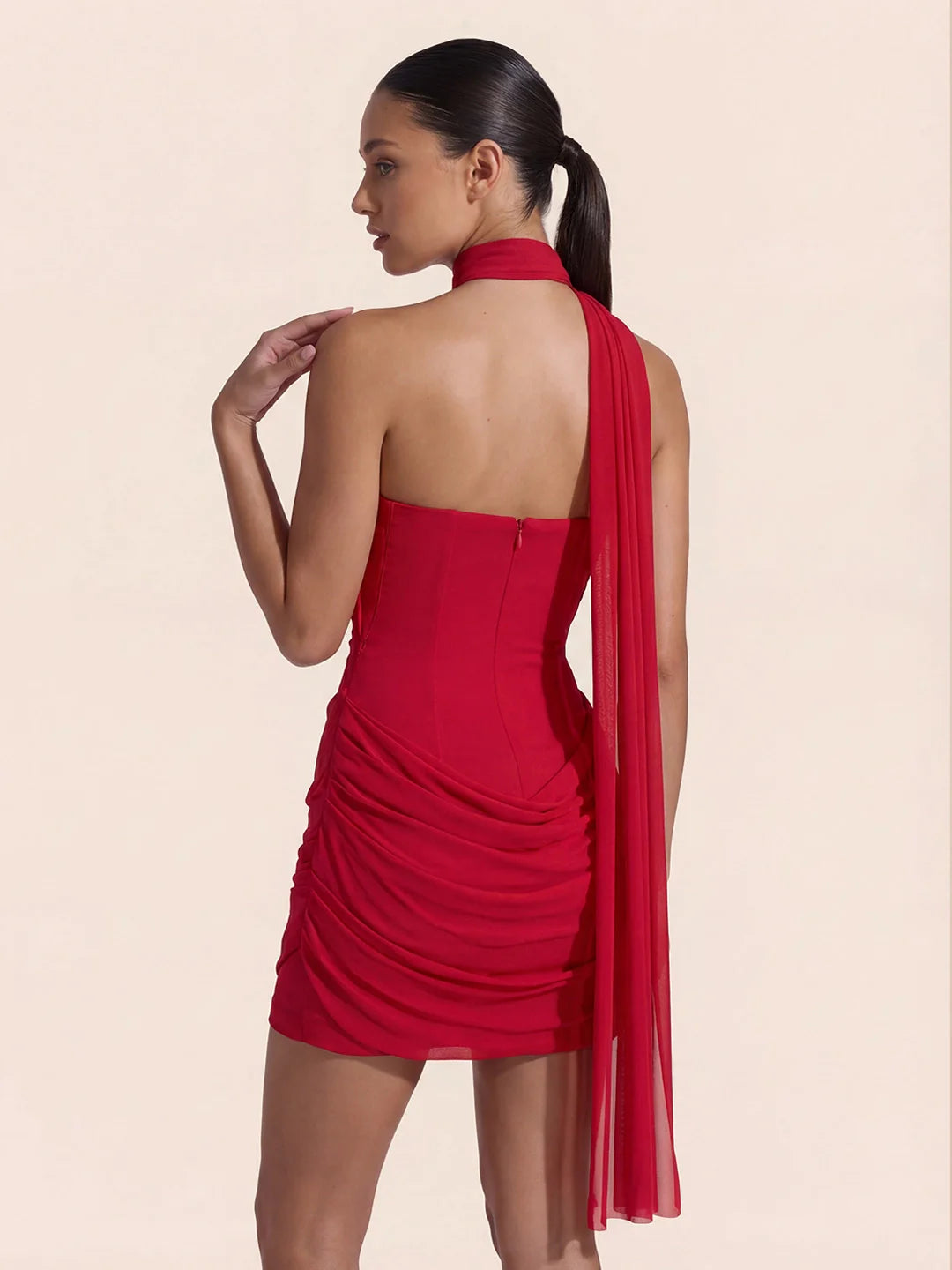 Slinky And Mesh Mini Dress With Scarf