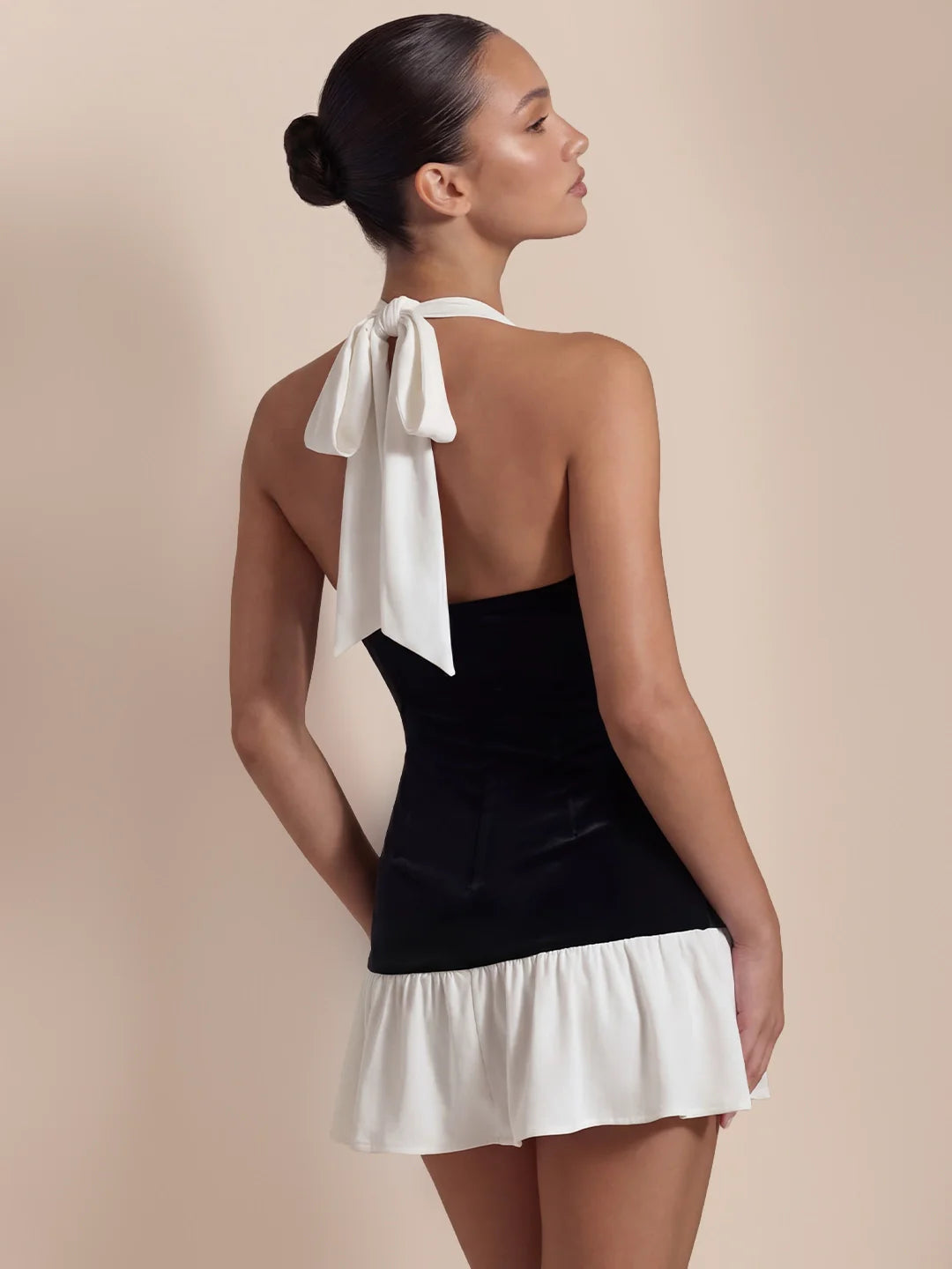 Asymmetric Ruffle Hem Two Tone Velvet Mini Dress