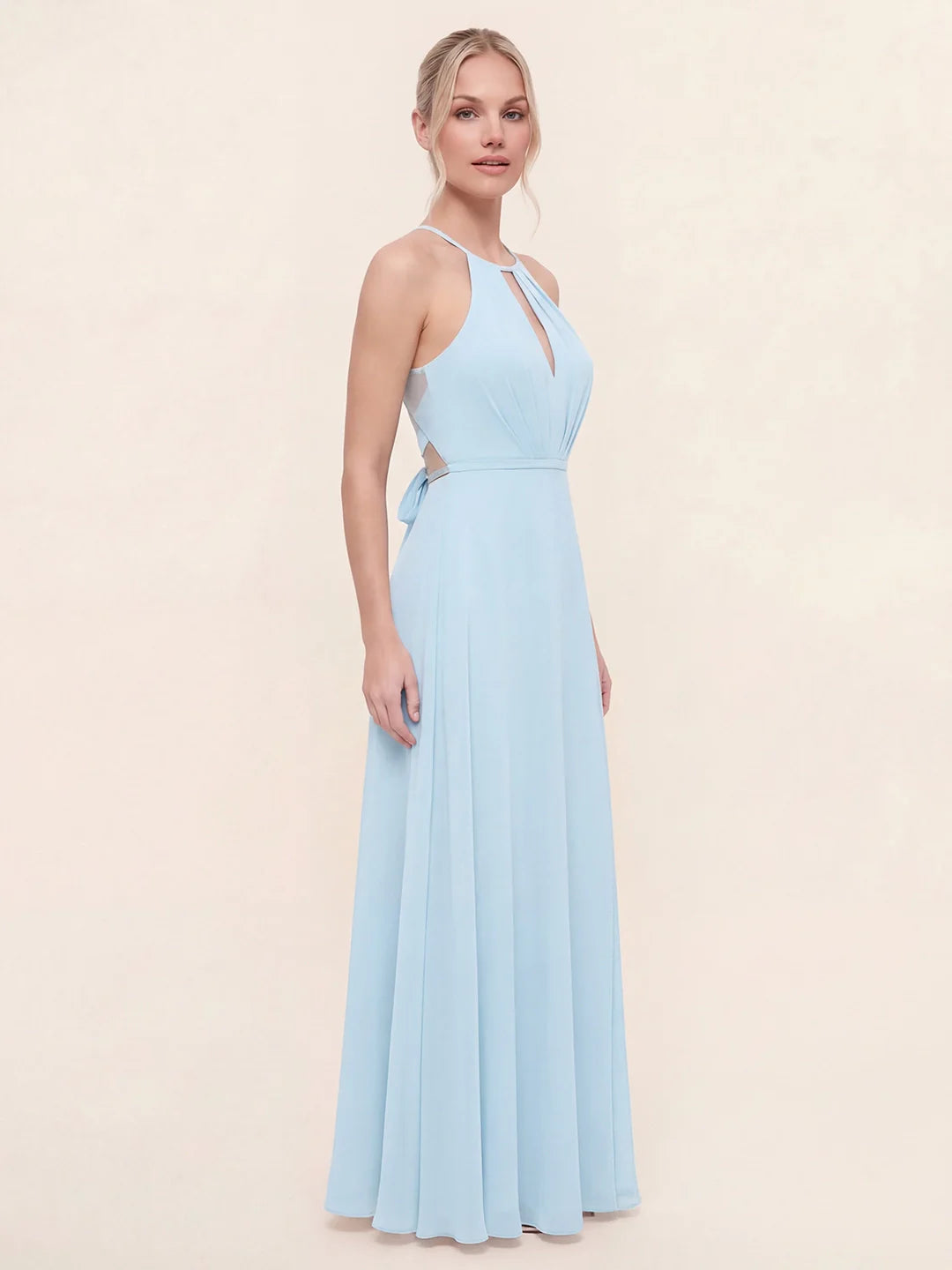Deep V Front & Back Bow A-Line Chiffon Dress