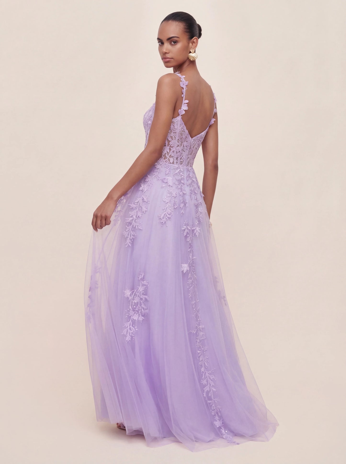 Leaf Strap Lace Embroidered A-Line Prom Gown