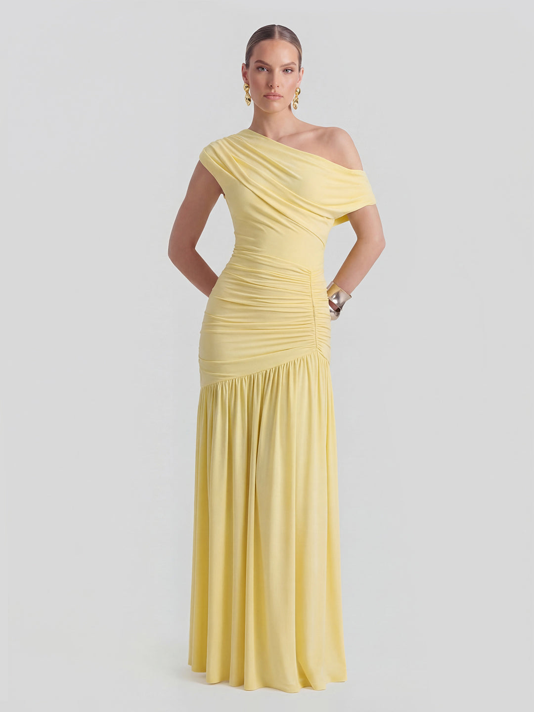Asymmetric-Neck Maxi Dress With Ruched Detailing