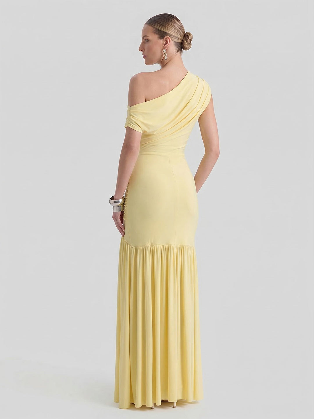 Asymmetric-Neck Maxi Dress With Ruched Detailing