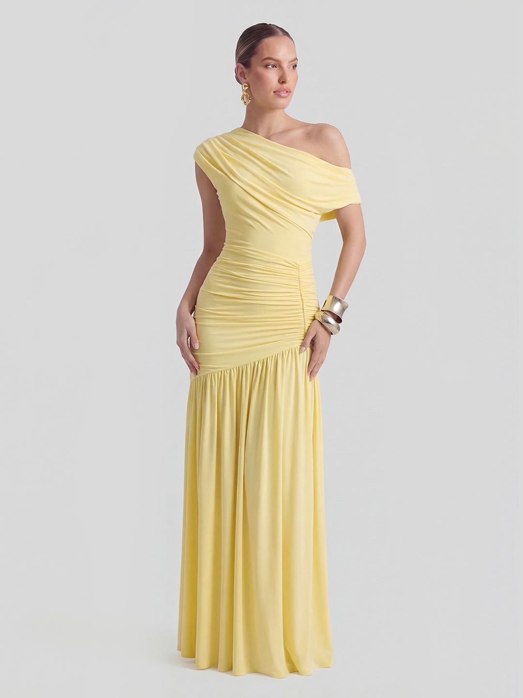 Asymmetric-Neck Maxi Dress With Ruched Detailing