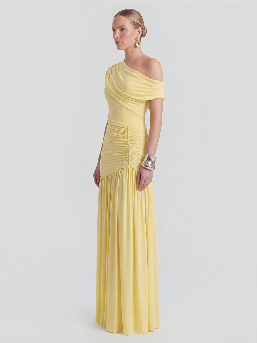 Asymmetric-Neck Maxi Dress With Ruched Detailing