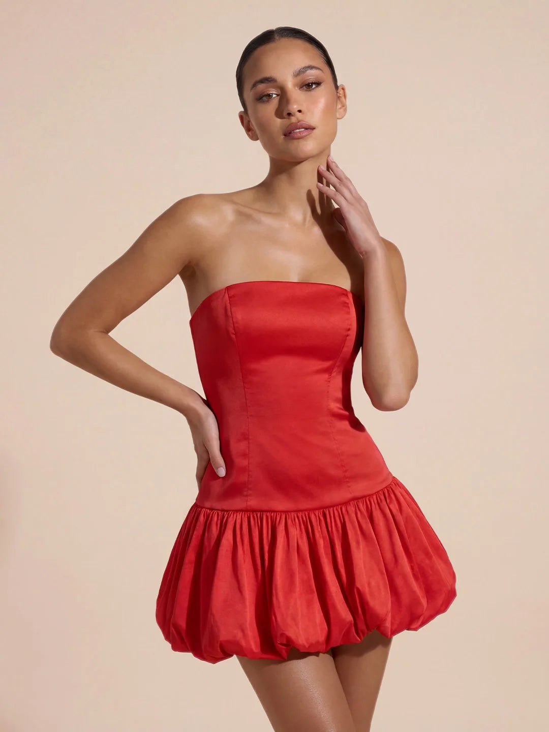 Asymmetric Bubble Hem Strapless Mini Dress