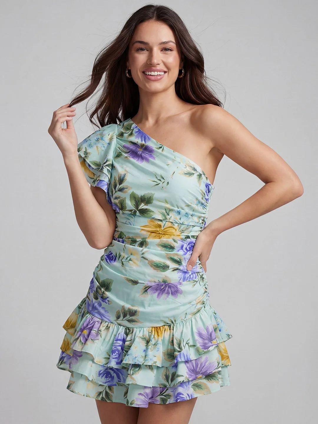 Asymmetric One Shoulder Ruched Bodycon Mini Dress