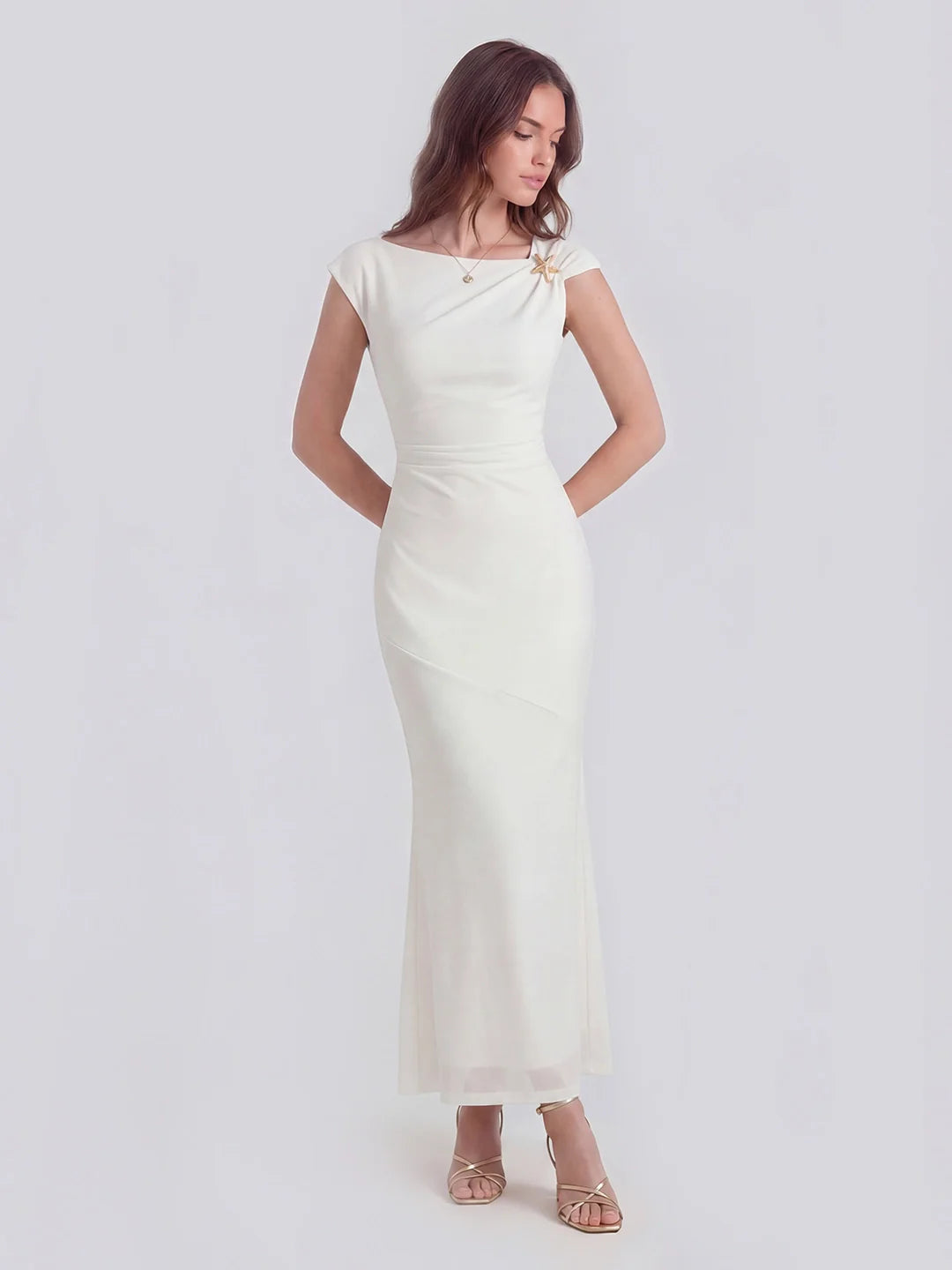 Asymmetric Sleeve Bodycon Gown with Knot-Shoulder Detail