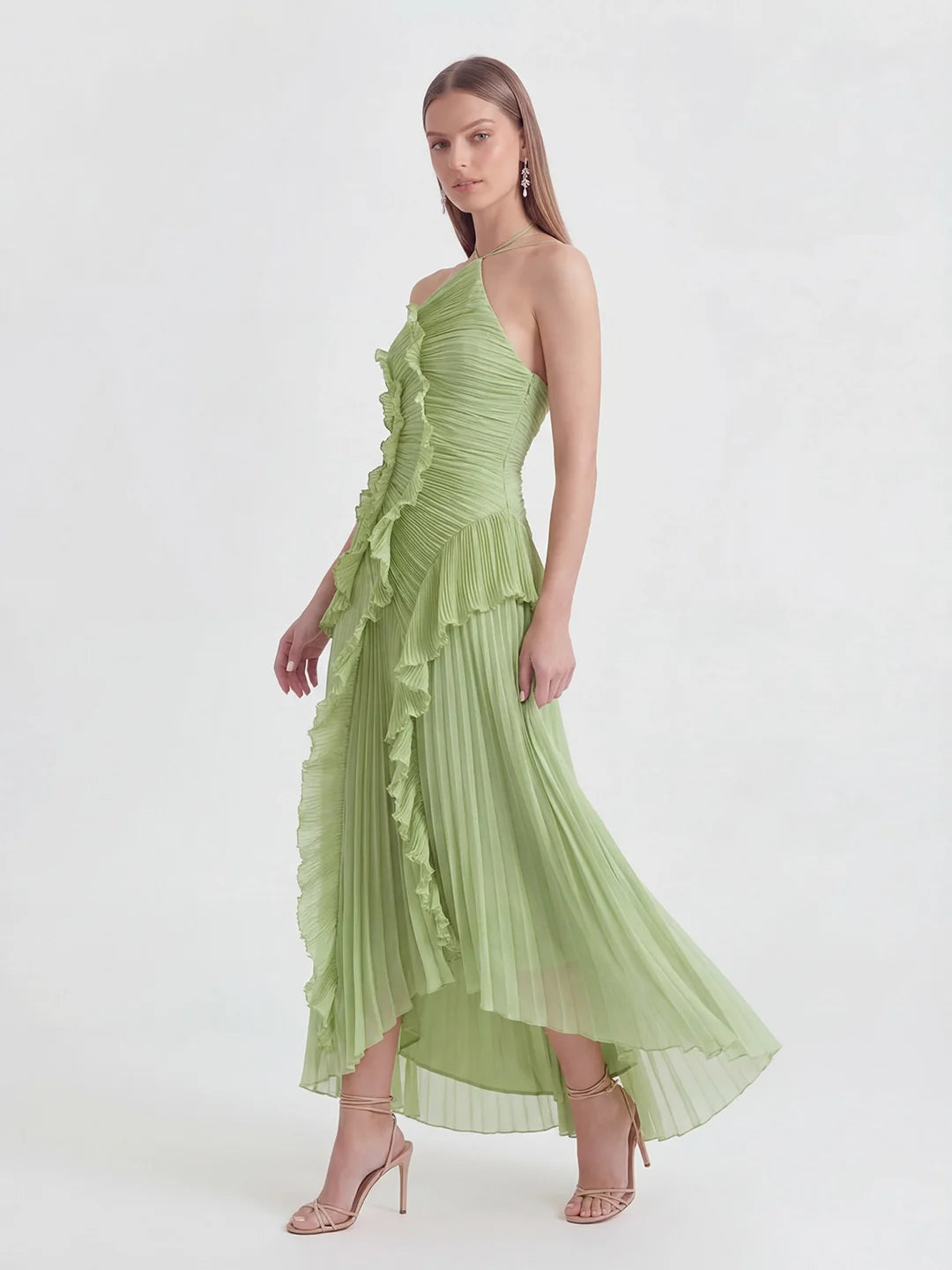 Asymmetry Pleated Halterneck Midi Dress