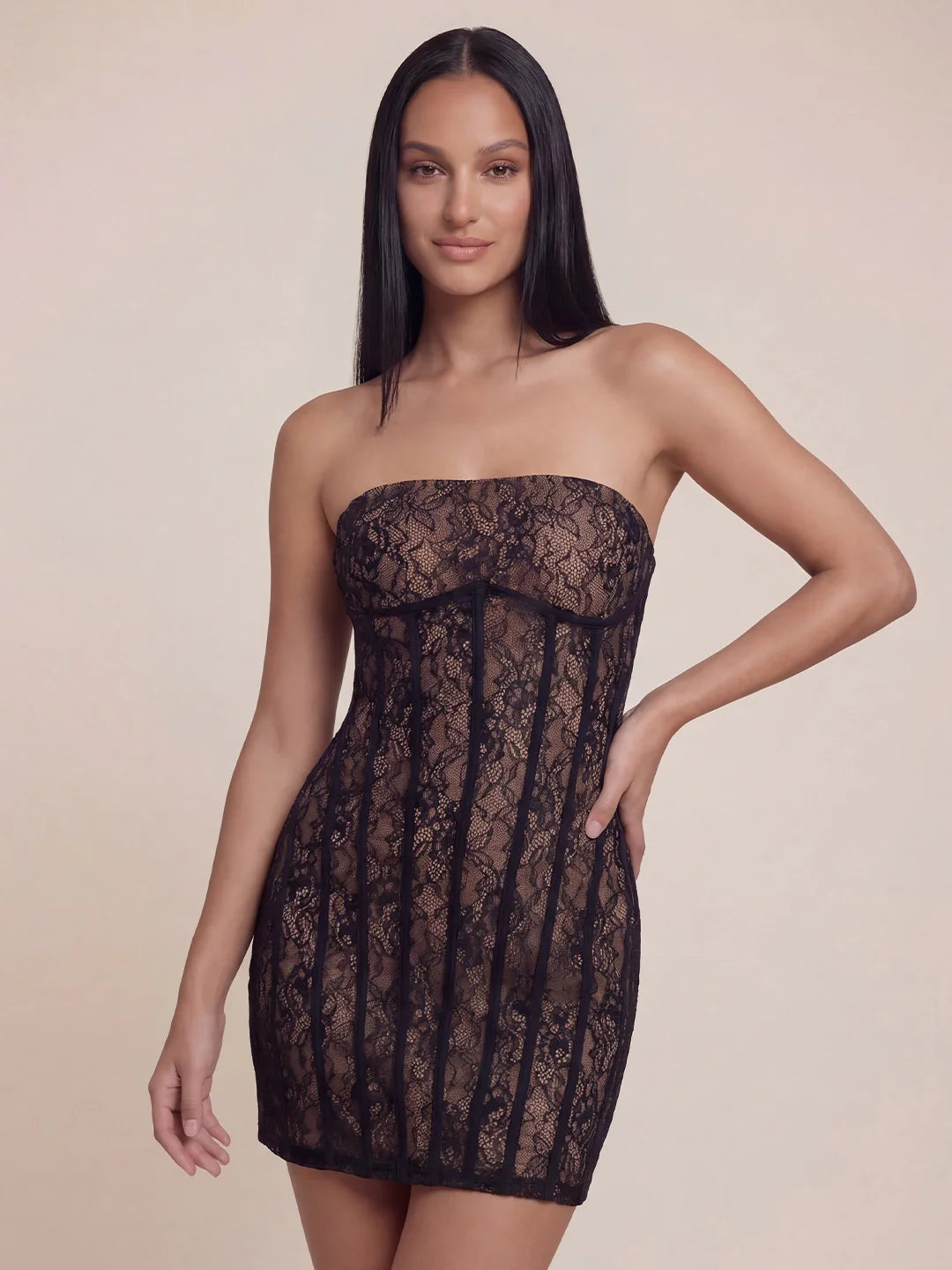 Bandeau Corset-Style Floral Lace Bodycon Mini Dress