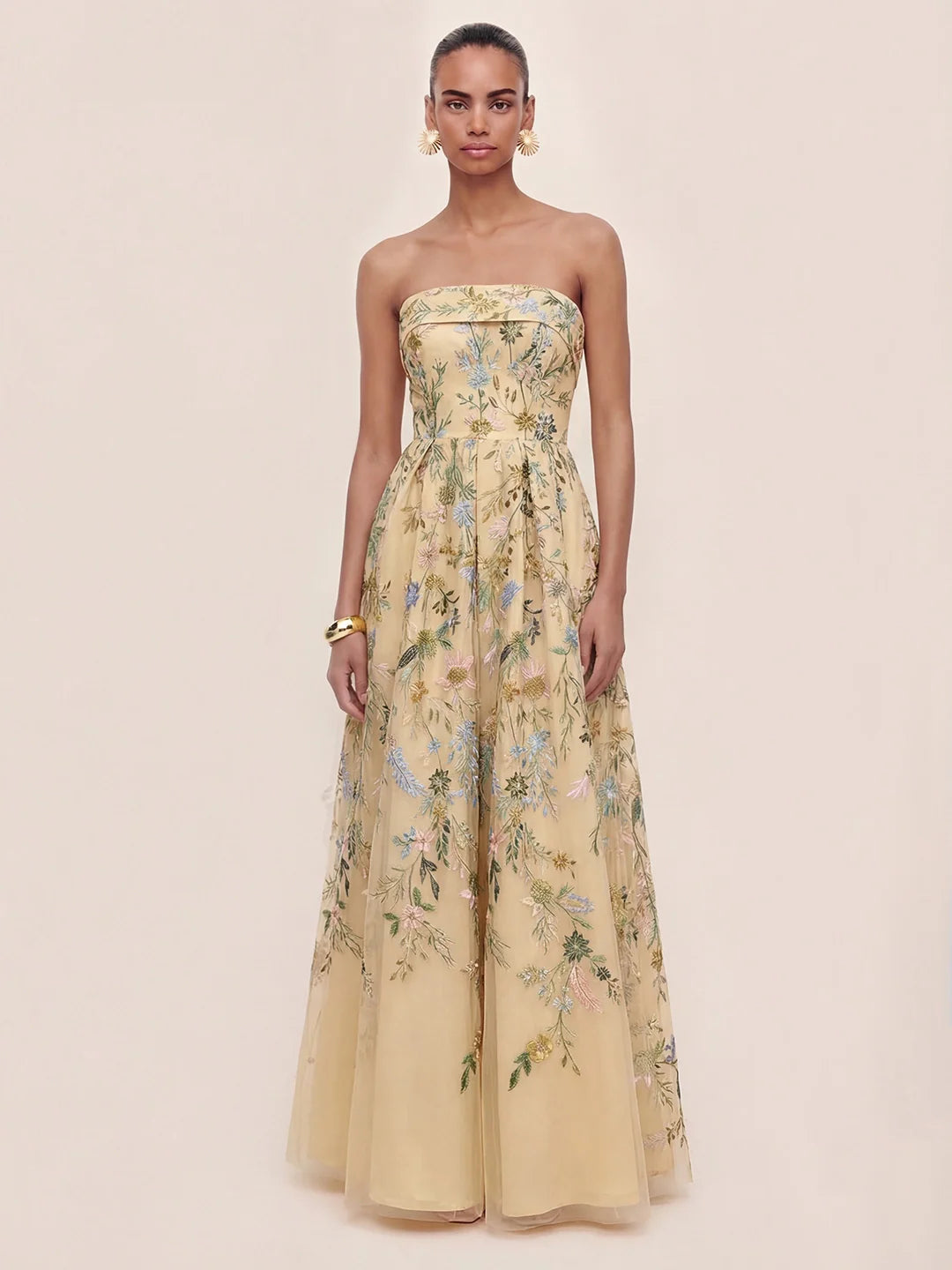 Bandeau Embroidered Tulle Evening Gown