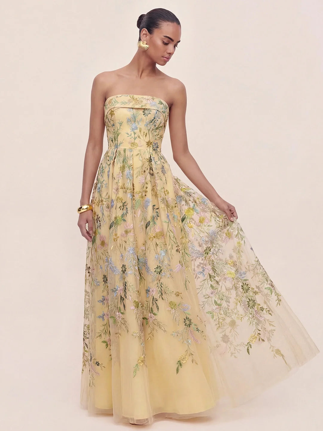 Bandeau Embroidered Tulle Evening Gown