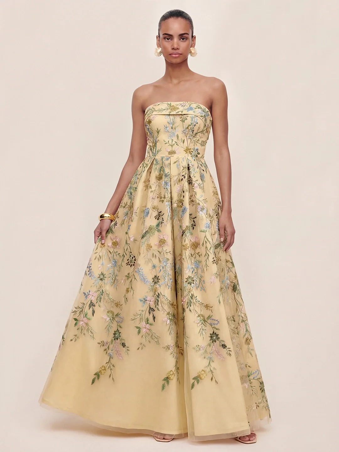 Bandeau Embroidered Tulle Evening Gown