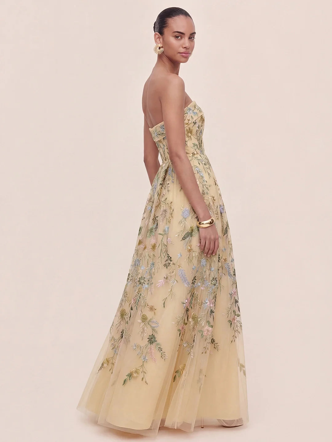 Bandeau Embroidered Tulle Evening Gown