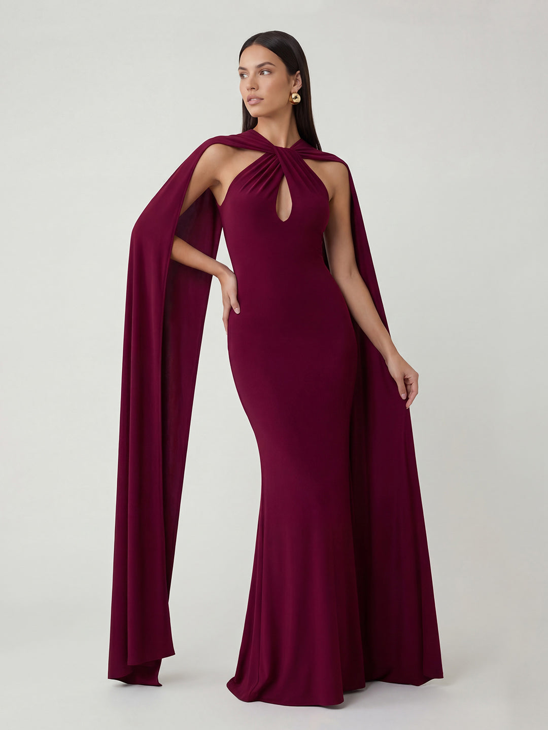 Twist Halter-Neck Cape Maxi Dress