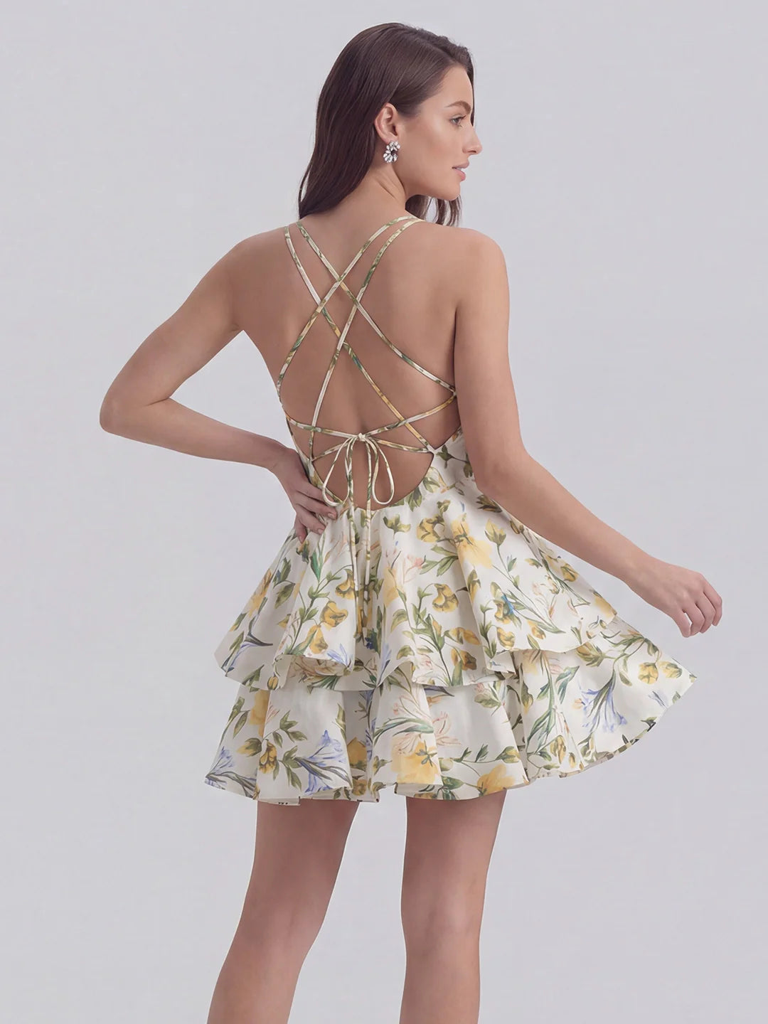 Botanical Print V-Neck Mini Dress With Ruffled Hem