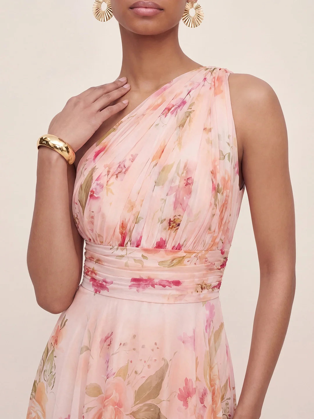 Bouquet Floral A-Line One Shoulder Chiffon Dress